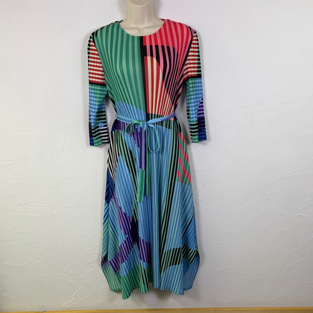 Yanite Couture Micro Pleated Geometric Midi Dress One Size Abstract Art Deco
